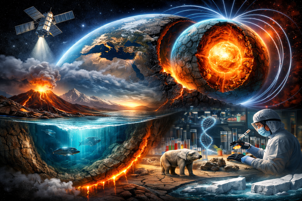 Shocking Earth Technology Discoveries showing hidden Earth secrets, planet discoveries, climate changes, natural phenomena, and modern technology exploring oceans, volcanic eruptions, tectonic shifts, and endangered wildlife.