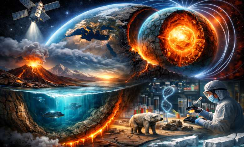 Shocking Earth Technology Discoveries showing hidden Earth secrets, planet discoveries, climate changes, natural phenomena, and modern technology exploring oceans, volcanic eruptions, tectonic shifts, and endangered wildlife.